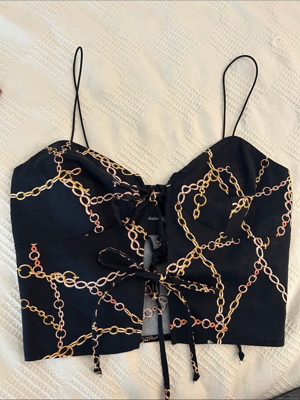 Shades of blonde small Black Chain-Print tie front Cami Top